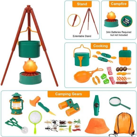 Kids Camping Set with Tent 30pcs - Outdoor Campfire Toy Set for Toddlers (Green) - Picture 1 of 7